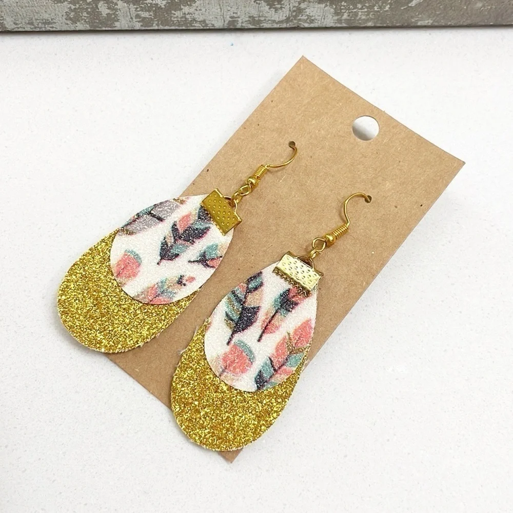 Feather print teardrop hand made earrings